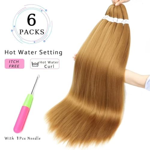 6 Packs Blonde Braiding Hair Pre Stretched #27 Color Honey Blonde Pre Stretched Braiding Hair 36inch Long Synthetic Hair Extensions For Braids Hot Water Setting Soft Yaki Texture(#27,6Pack)