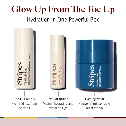 STRIPES Beauty Naomi Watts Glow Up The Toe Up Holiday Gift Set Full Size Night Cream With Gentle Retinoid Travel Size Moisturizing Body Oil Soothing Gel Intimate Area Dryness