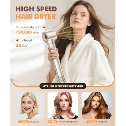 6-in-1 Hair Dryer Brush, Hair Styler with Automatic Curlers, 150,000 RPM High-Speed Negative Ionic Hair Dryer Fast Drying, Blow Dryer Brush for Curling/Volumizing/Straightening with Travel Bag, Gold