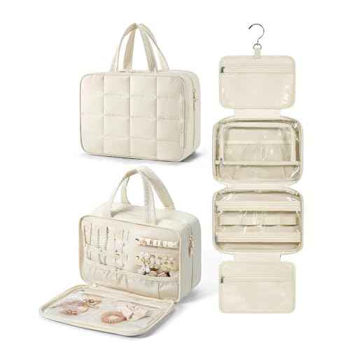 BAGSMART Travel Toiletry Bag with Jewelry Organizer, Hanging Travel Bag for Toiletries, Puffy Makeup Cosmetic Bag Organizer, Carry-on Travel Accessories Essentials, Beige-M