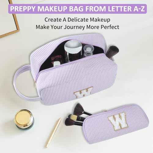2pcs Personalized Initial Makeup Bag A-Z, Travel Toiletry Bag Preppy Make Up Bags Girls Cute Cosmetic Pouch Makeup Organizer Wedding Birthday Mothers Day Gifts for Women (Purple, V)