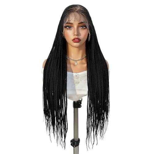 Braided Wigs for Black Women 13x8 HD Lace Front Cornrow Braids Wig Premium Synthetic Hair 30 Inch Full Lace Cornrow Box Braid Wig with Baby HairNatural Black
