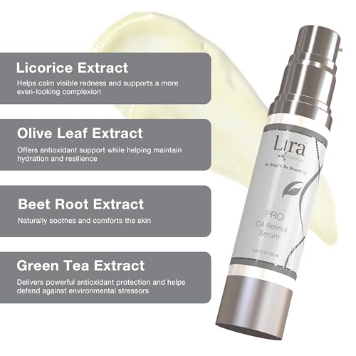 Lira Clinical Pro C4 Retinol Serum - Anti Aging Face Serum with Plant Stem Cells - Vitamin C with Licorice and Olive Extract - Perfect for Acne Prone Skin - 1.69 Ounce
