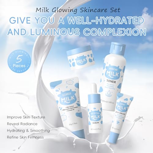5PCS Milk Skin Care Set for Kids & Women ? Skin Care for Teens 10-12, Skincare for Girls 10-12, Milk Skincare Set with Cleanser, Toner, Serum, Face Cream & Eye Cream ? Gentle Daily Hydration Routine