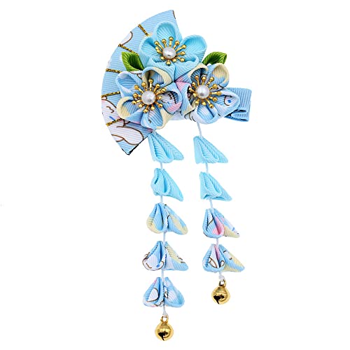 Japanese Style Women Flower Hair Clip Tassel Hair Ornament, Kimono Decor Fabric Hanfu Hairpin Accessories For Christmas Party Costume Gift (Light blue)