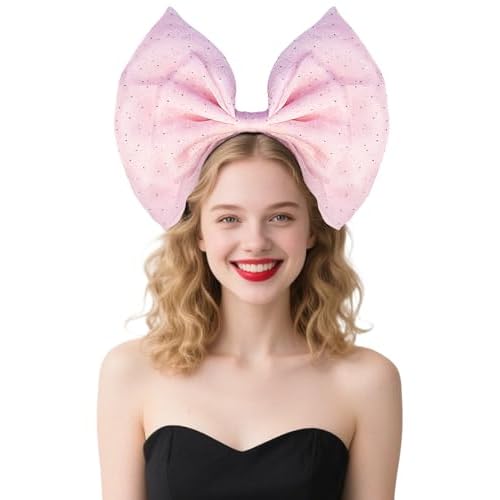 Big Pink Bow Headband - Cute Glitter Bows Headpiece for Women Girls, Fashion Bowknot Hair Accessories for Birthday Halloween Christmas Cosplay Party Costume Derss Up