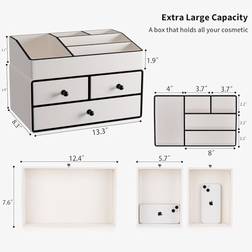GORESE Leather Makeup Organizer with Drawers for Vanity, Stackable Skincare Holder Dresser Organizer Countertop, Make Up Storage Organizers Counter Cosmetic Display Case Gifts for Women(Cream White)