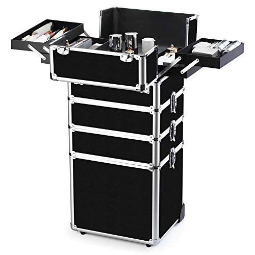OUDMAY Makeup Train Case 4 in 1 Professional Cosmetics Rolling Organizer Aluminum Frame and Folding Trays