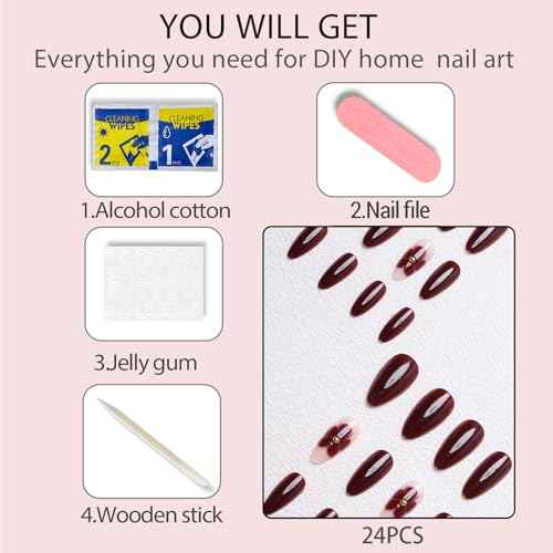 24Pcs Flower Press on Nails Almond Red Fake Nails with Cute Floral Design Spring Wine Red Glue on Nails Medium Length Full Cover Stick on Nails for Women Acrylic False Manicure