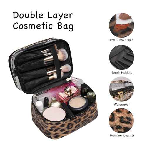 Double-layer Cosmetic Bag Makeup Bag Travel Makeup Bag Makeup Bags for Women Cosmetics Cases Portable Waterproof Foldable (Leopard)