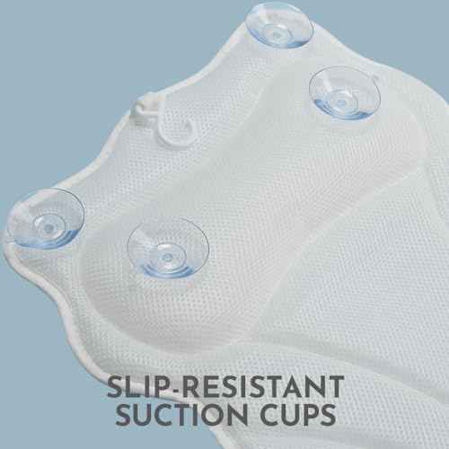 WONDERfoam Thick Padded Ergonomic Bath Pillow for Tub, Bathtub Headrest Neck and Back Support, Strong Suction Cups, Machine Washable Breathable Mesh Quick Dry Pillows, Luxury Spa Accessories, White