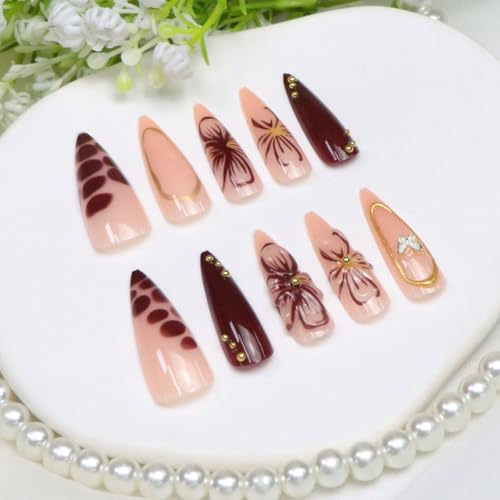 Stiletto Press on Nails Long Cute Flowers and Butterflies with Golden Lines and Steel Beads Fake Nails Press ons Brown Almond Acrylic Glue on Nail Glossy Stick on Nail for Women 24 Pcs