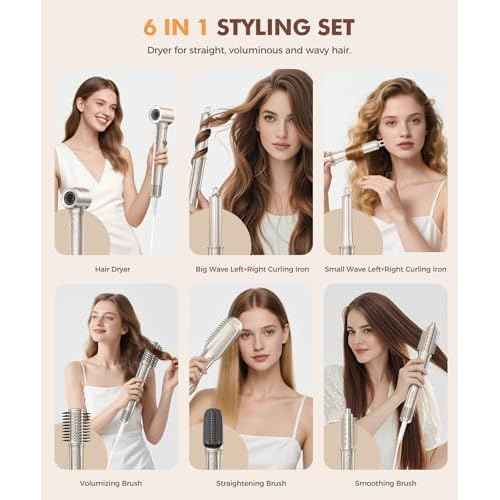 6-in-1 Hair Dryer Brush, Hair Styler with Automatic Curlers, 150,000 RPM High-Speed Negative Ionic Hair Dryer Fast Drying, Blow Dryer Brush for Curling/Volumizing/Straightening with Travel Bag, Gold