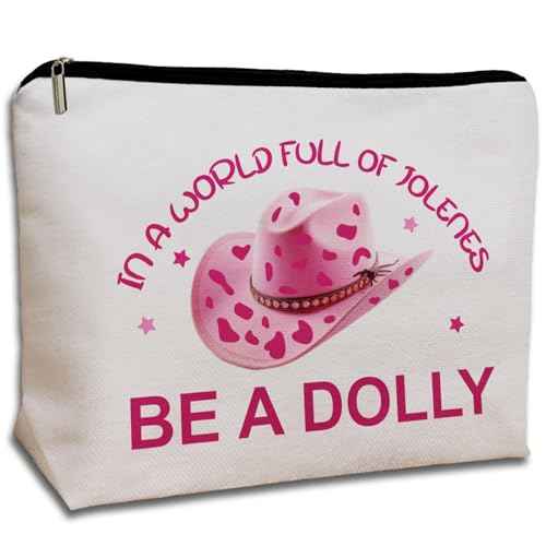 Pink Western Hat makeup bag, In a World Full of Jolenes be a Dolly Travel Costumes Cosmetic Bags, Dolly Gifts for Women Music Lovers Fans Sister Daughter Teachers Halloween Birthday Christmas