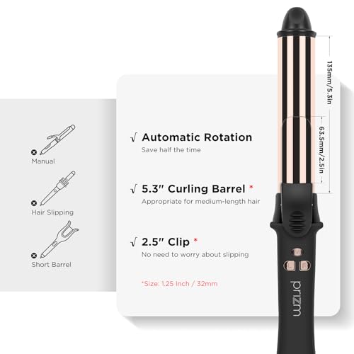 Prizm 1.25inch/32mm Automatic Curling Iron for Big Curler, Rotating Curling Wand Up to 450¡ÆF, LCD Display, Auto-Shut Off & Dual Voltage, Negative Ion