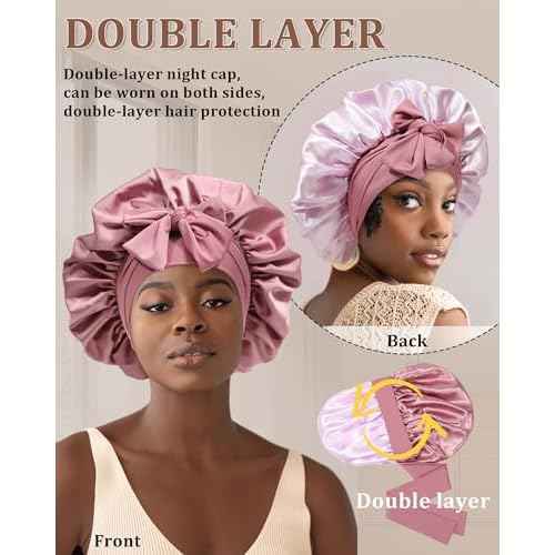 Reversible Satin Bonnet for Sleeping Women Double Layer Hair Bonnet with 2PCS Hair Scrunchies Elastic Tie Band Night Cap