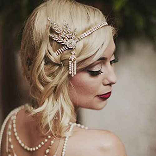 GORTIN 1920's Flapper Headband Leaf Rhiestones Headpiece Pearl Tassel Head Bands Bridal Flapper Hair Accessories Head Chain for Women (Sliver)