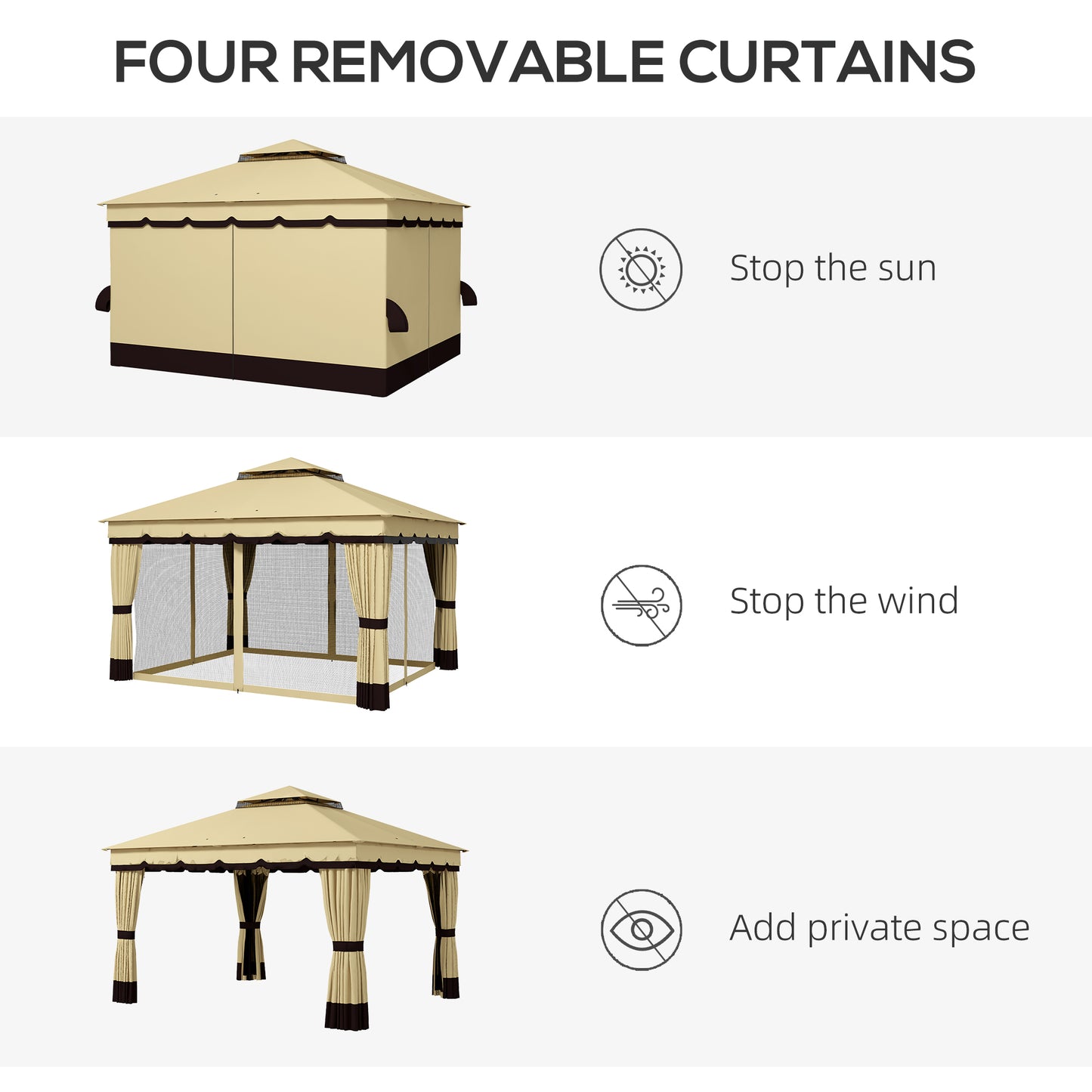 10x12 Double Roof Patio Gazebo Canopy with Netting & Curtains - Beige