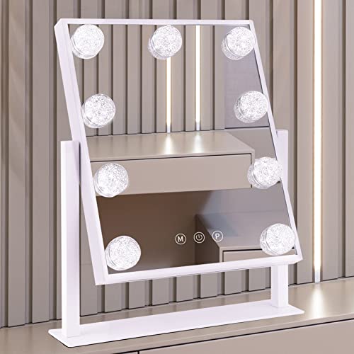 Vanity Mirror with Lights, Hollywood Lighted Makeup Mirror with 3 Color Modes and 9 Dimmable Diamond LED Light Bulbs, Detachable 10X Magnification, 360¡Æ Rotation, Touch Control, White