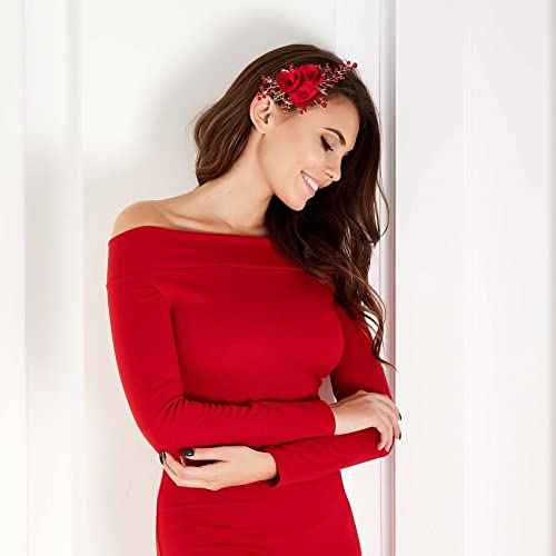 PAGOW Rose Flower Comb 6.1inch Red Hair Clip Bridal Girl Women Accessories Bride Headpiece Gift for Wedding Party Prom Chrismas Valentine's Day Long Thick Haiir
