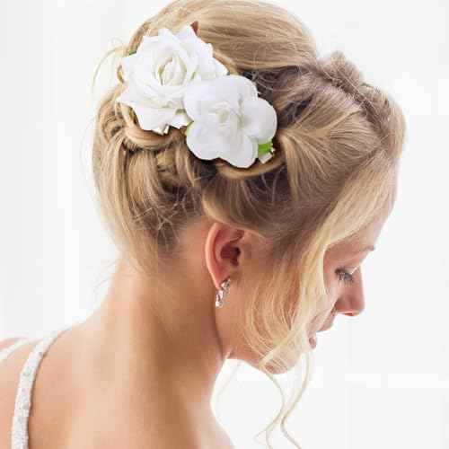 BBTO 21 Pieces Flower Hair Clips - Rose Hair Clips & Barrettes for Women - Flower Hair Accessories - Boho Bride Claw Clip Hairpin Brooch Pin Headpiece for Wedding (White, Large, Medium, Small)