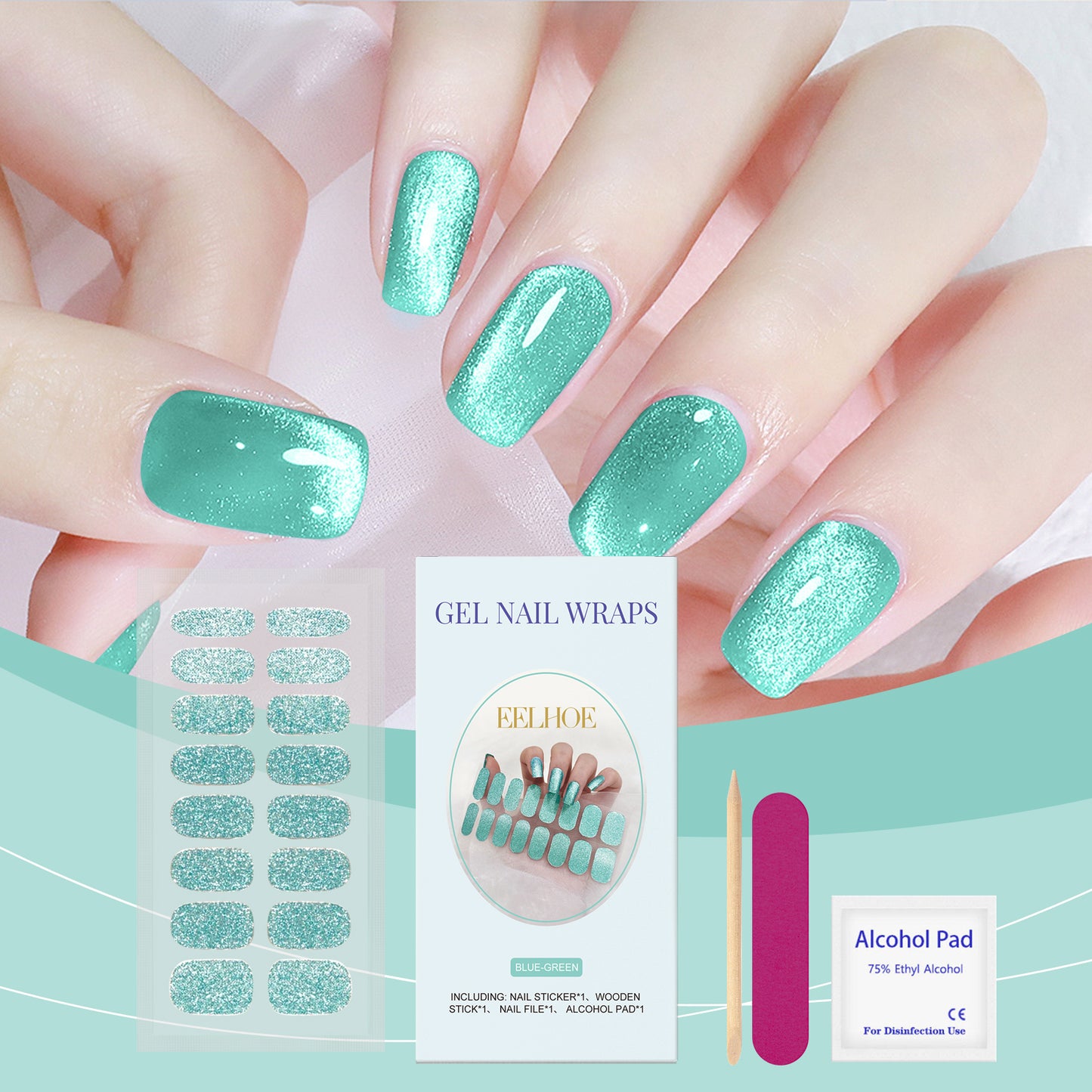 Semi-Cured Gel Nail Sticker Set - Shiny Blue-Green Minimalist Style