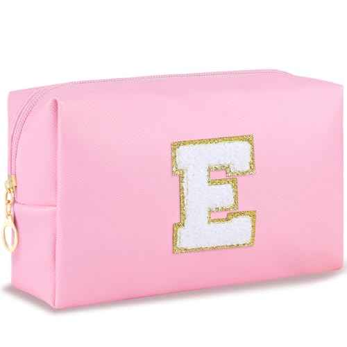 Initial Makeup Bag for Women Travel Small Cosmetic Bag Cute Pink Personalized Preppy Makeup Pouch for Purse Zippered Toiletry Organizer PU Leather Makeup Bag Makeup Case for Christmas£¨E£©