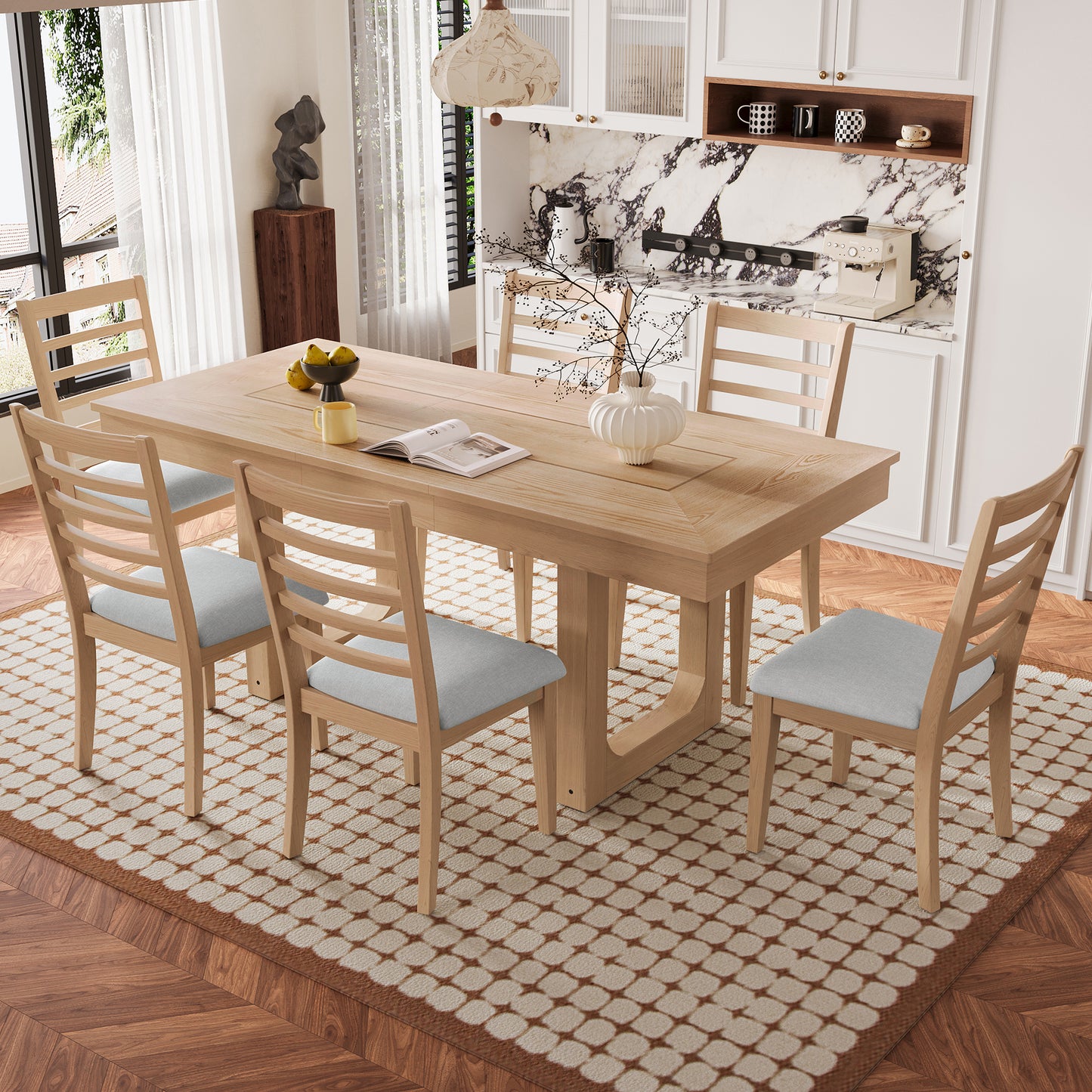 7 Piece Extendable Dining Table Set, Farmhouse With 18 Move Leaf, 78