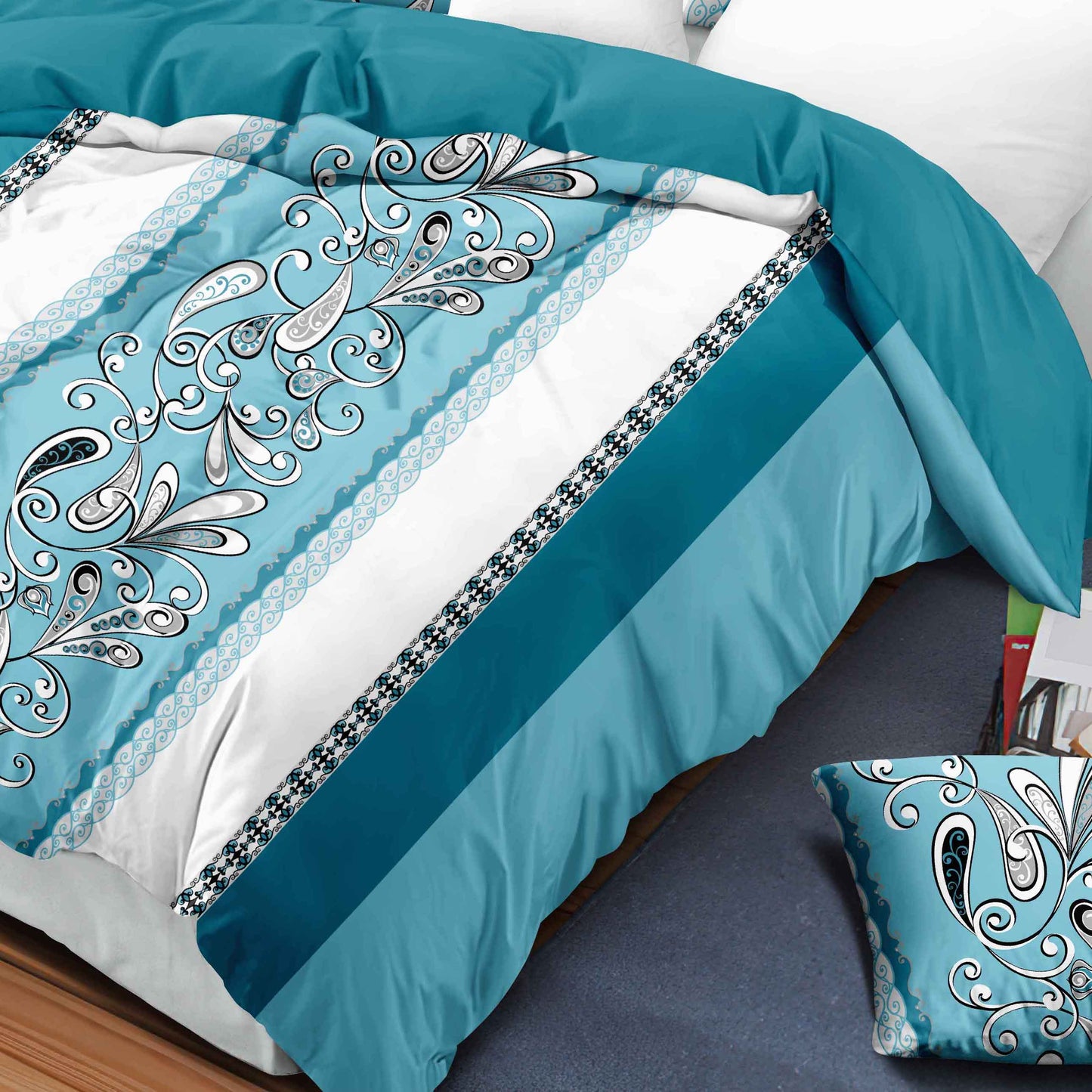 9-Piece Quilt and Curtain Bedding Set - Turquoise Paisley Design