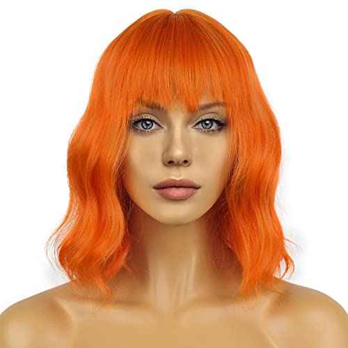 Wavy Wig With Bangs Women's Short Orange Wigs Curly Wavy Bob Synthetic Cosplay Wig for Girls Daily Use Halloween Wigs(12" Orange)