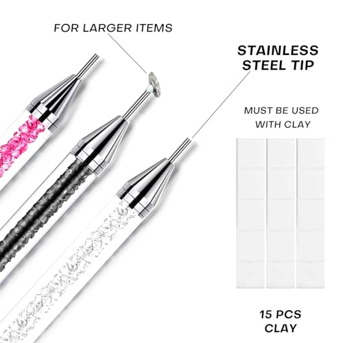 13 Pcs Rhinestone Picker Tool - 3 Pcs Dual-head Pens with 6 Wax Tips, 15 Pcs Clay, Precision Curved and Straight Tweezers Kit for Picking Up Nail Art Gems, Stones, Crystals, and Nail Charms