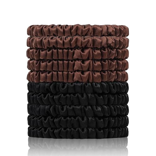22 Momme 100% Pure Mulberry Silk Scrunchies (10 PCS) - Small Hair Elastics and Ties for Women Sleep, Hair Care No Damage, Black*5+Brown*5