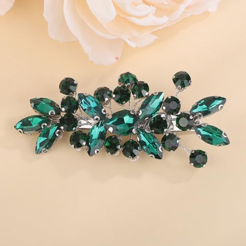 Teyglen Green Rhinestone Hair Clip Bridal Crystal Hair Barrette for Women Sparkly Hair Piece Wedding Hair Clips Hair Accessories for Women (Peacock green)