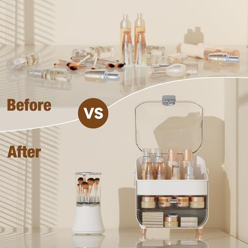 Makeup Organizer, skincare Organizers with Drawers and Lid, Makeup Organizer for Vanity with Handle for Vanity, Dresser, Bathroom Countertop, Christmas Gifts for Teen Girls Countertop(Silver)