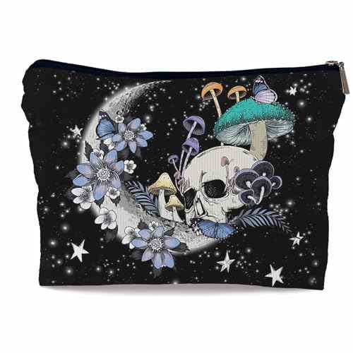 Ayxvt Gothic Hippie Skull Moon Mushroom Botanical Leaf Starry Night Corduroy Cosmetic Bag Decorative Women's Makeup Bag Zipper Pouch Travel Toiletry,Gifts for Skull Lovers Women Girls£¨Corduroy£©