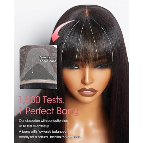 Straight Human Hair Wig with Bangs 4x6 Lace Closure Bang Wig 100% Burmese Virgin Human Hair Beginner Friendly Ready to Wear Glueless Wigs for Women 16 Inch
