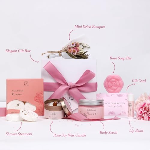 Spa Gifts for Women Bath and Body Gift Basket Mothers Day Gifts Rose Home Spa Set Self Care Gifts for Mom Sister Her Wife Birthday Gifts for Women Spa Kit Care Package Thank You Gifts