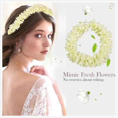 ZAINY 6 Pack White Mogra Artificial Gajra for Hair Indian Bun Braid, Non Scented Fabric Jasmine Flowers, Veni, Bridal Hair Accessories for Women, Wedding, Reusable Cloth Floral Girl Accessory, 13 inch