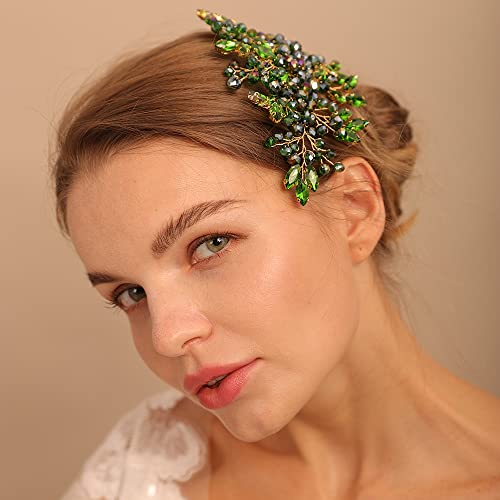 Green Crystal Rhinestone Hair Comb, Handmade Fashion Jewelry Hair Accessory for Women and Girls, Teardrop Rhinestone Headband with Green Beads, Size 15*10CM, Ideal for Wedding and Parties