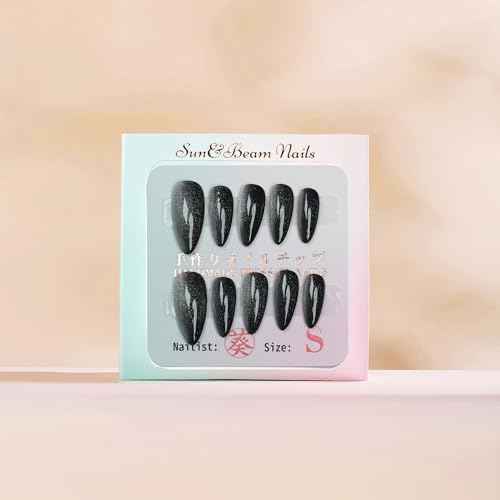 Sun&Beam Nails Handmade Press-on Medium Long Almond Black Silver Cat Eye Design Charming False Nail Tips 10 Pcs (#125 M)