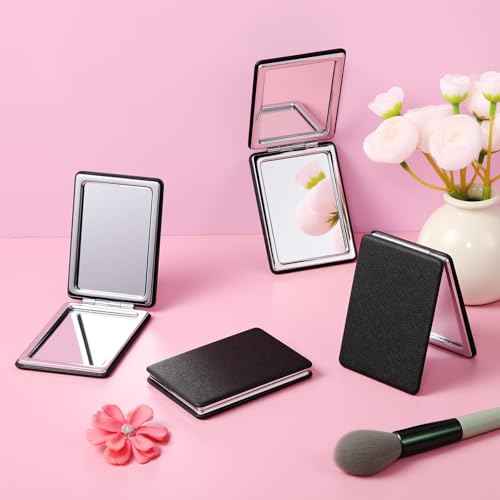 Kathfly 4 Pcs Small Compact Mirror Bulk Travel Pocket Foldable Folding Hand Mini PU Leather Black Mirror for Men and Women Handbag Pocket Wallet Purse Gifts Work Business
