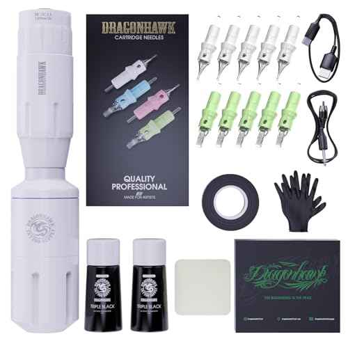 Dragonhawk Tattoo Gun Kit S1 Rotary Pen Machine with Cordless Battery Power supply Needles Cartridges for Beginner Practice & Learning
