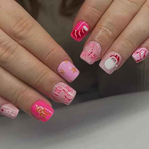 Christmas Press on Nails Short Square Fake Nails, Pink Press on Nails Winter Xmas Santa Claus with Design Christmas Glue on Nails Full Cover Stick on Nails for Women Christmas Manicure Tips 24Pcs