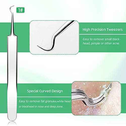 5PCS Blackhead Remover Comedone Extractor, Curved Blackhead Tweezers Kit, Professional Stainless Pimple Acne Blemish Removal Tools Kit for Manual