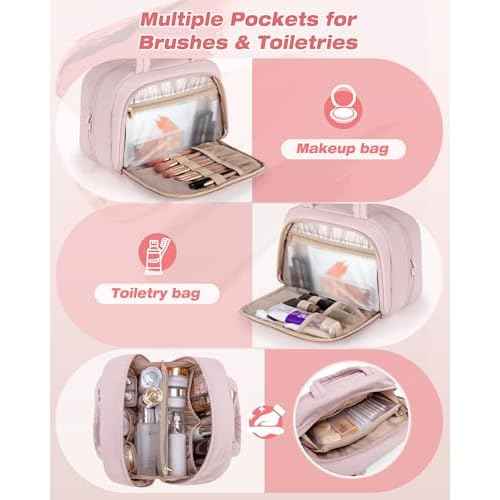Travel Toiletry Bag for Women with Hanging Hook, Water Resistant Puffy Makeup Organizer with Leak Proof Pockets for Toiletries and Cosmetics - Pink (Bag Only)