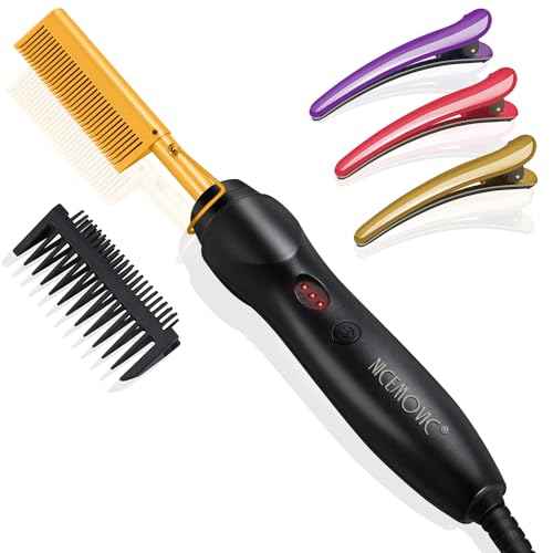 NICEMOVIC Ceramic Heating Hair Straightener Comb - Hot Pressing Brush for Natural Black Hair, Beard Wigs, and Curling (Gold)