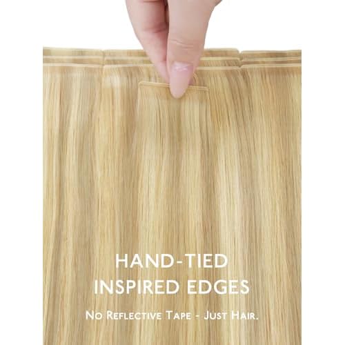 WENNALIFE Genius Seamless Tape in Hair Extensions Real Human Hair, 20 Inch 50g 20 pcs Light Blonde Highlighted Golden Blonde Tape in Hair Extensions Remy Hair Luxury Invisible Straight Hair Hand Tied