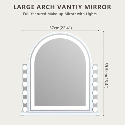 FENCHILIN Arch Vanity Mirror with Light 23.4"x22.4" Arched Makeup Mirror Lighted Hollywood Mirror with 12 Dimmable Bulbs and Light Strip with Smart Control 3 Color Modes White