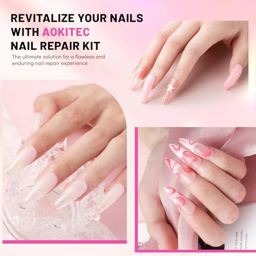 Aokitec Nail Repair Kit - 28g Jelly Pink Build Powder for Broken Cracked Split Weak Nails with 15ml Nail Repair Glue Ideal Solution Emergency Easy Quick Fix Air Dry DIY Natural Crystal Pink Nails