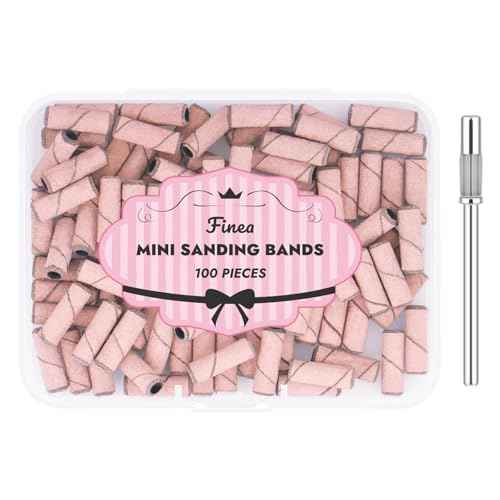 Finea 100 Pc Set Nail Drill Bits 180 Grit Fine Small Sanding Bands with 3.1mm Mini 3/32" Mandrel for Electric File Professional Efile Accessories Manicure Supplies Nail Tech Essentials Light Pink